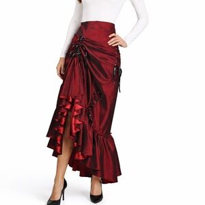 Red Silky Lace Up Trumpet Skirt